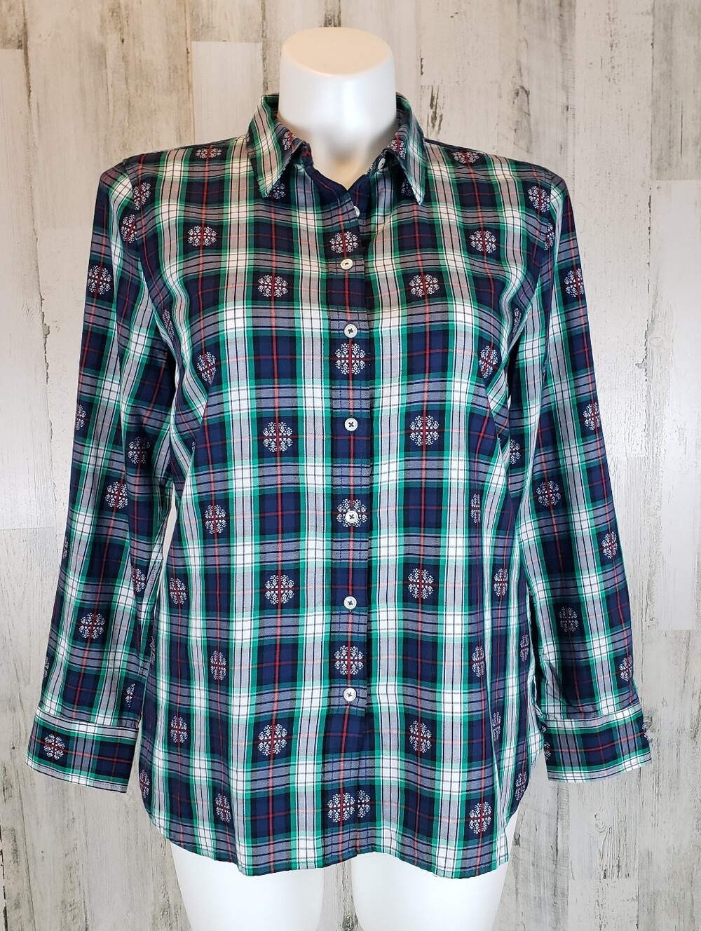 Talbots Green and Navy Plaid Button-Down Shirt Size Large